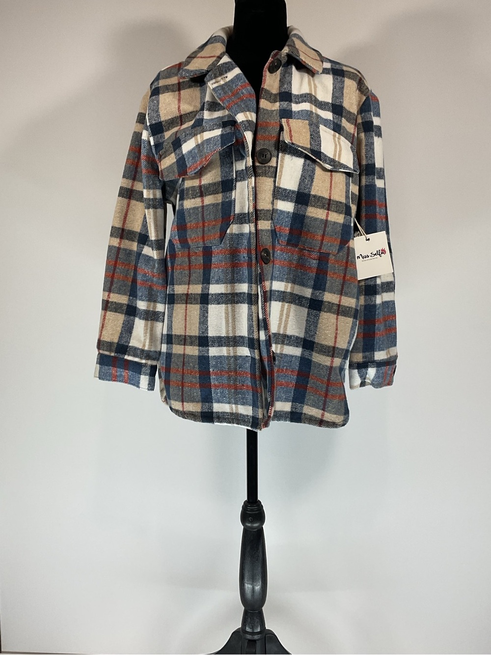Miss Selfie Plaid Shacket Jacket Size M Blue Beige Overshirt